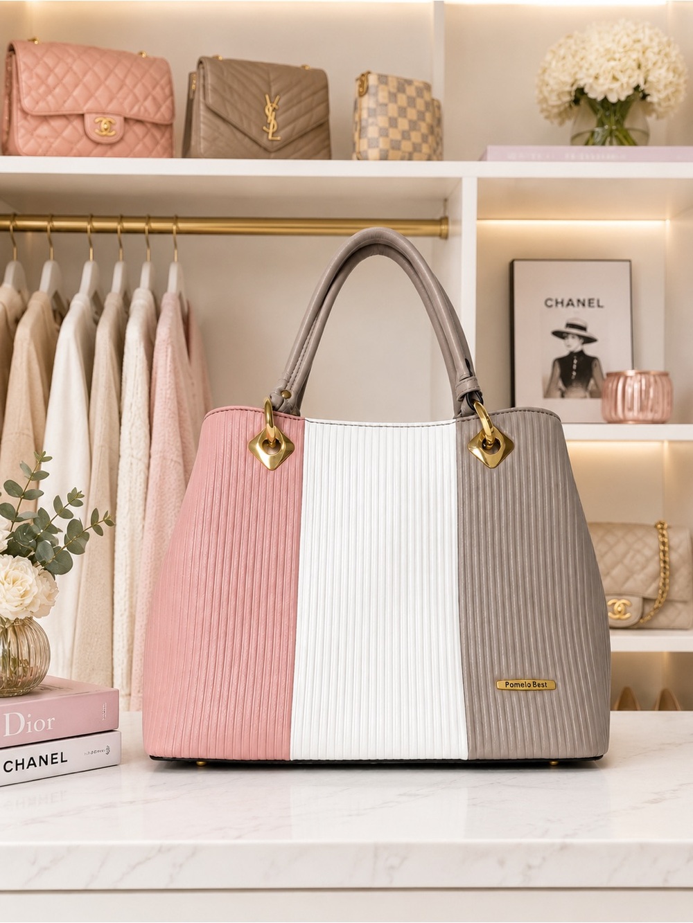Pomelo Best Color Block Structured Satchel Tote | Pink, White & Taupe
